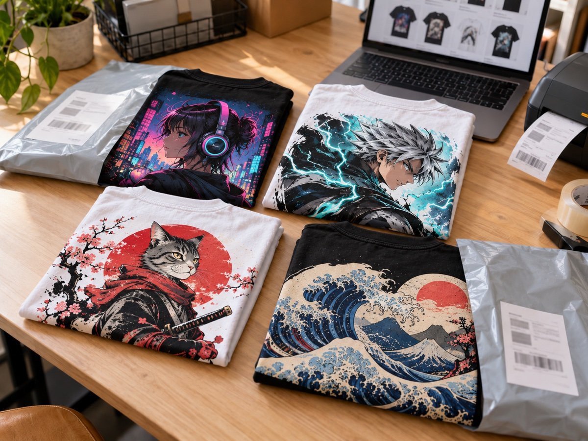 Camisetas pretas e brancas com estampas de anime sendo embaladas para envio, ao lado de um notebook