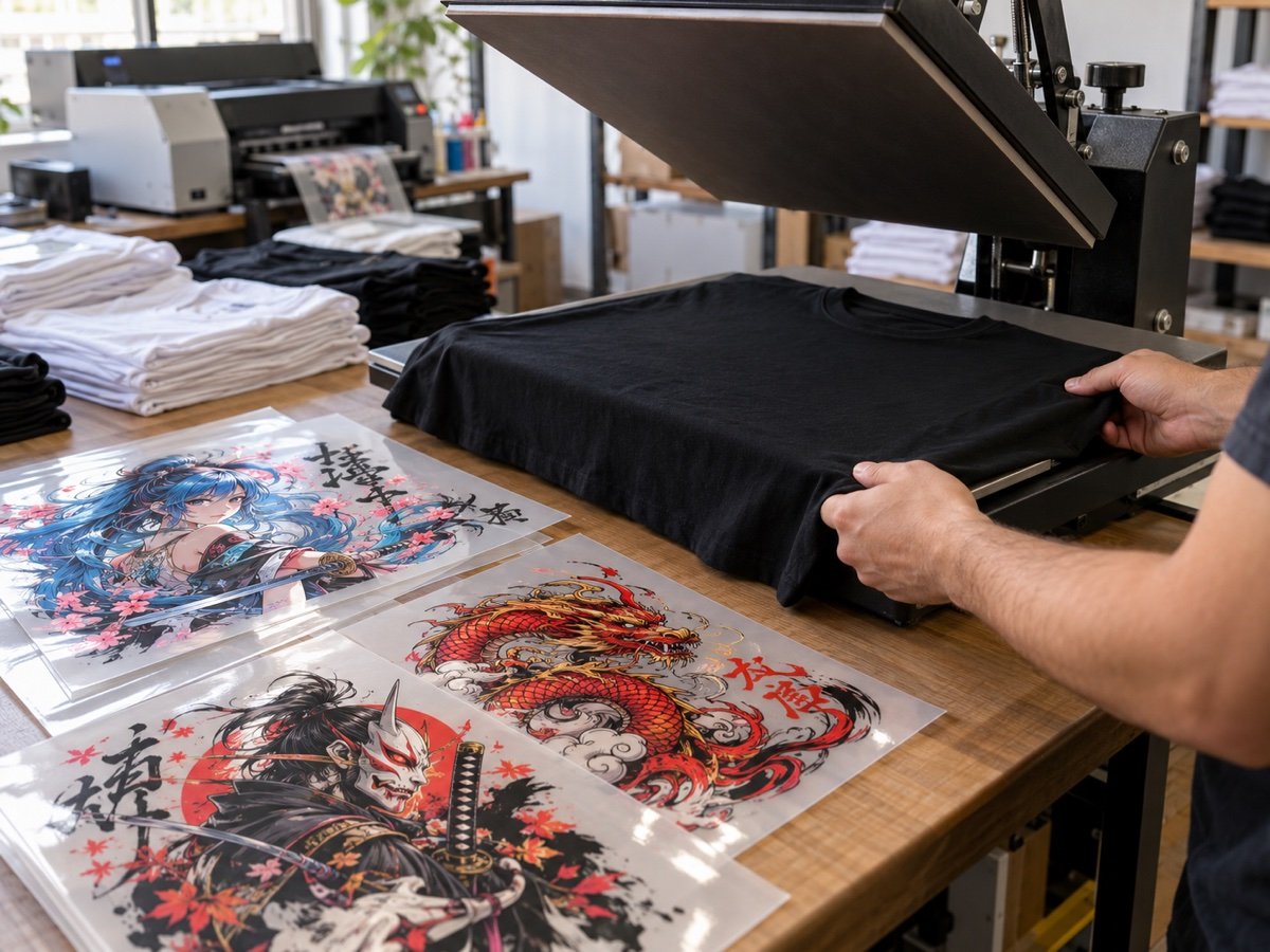 Mãos posicionando uma camiseta preta na prensa térmica, com transfers DTF de artes de anime sobre a bancada