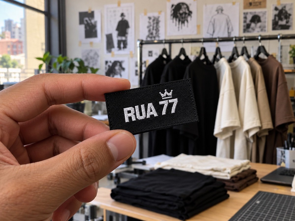 Etiqueta de gola preta com a marca fictícia RUA 77 bordada em branco, diante de uma arara de camisetas oversized