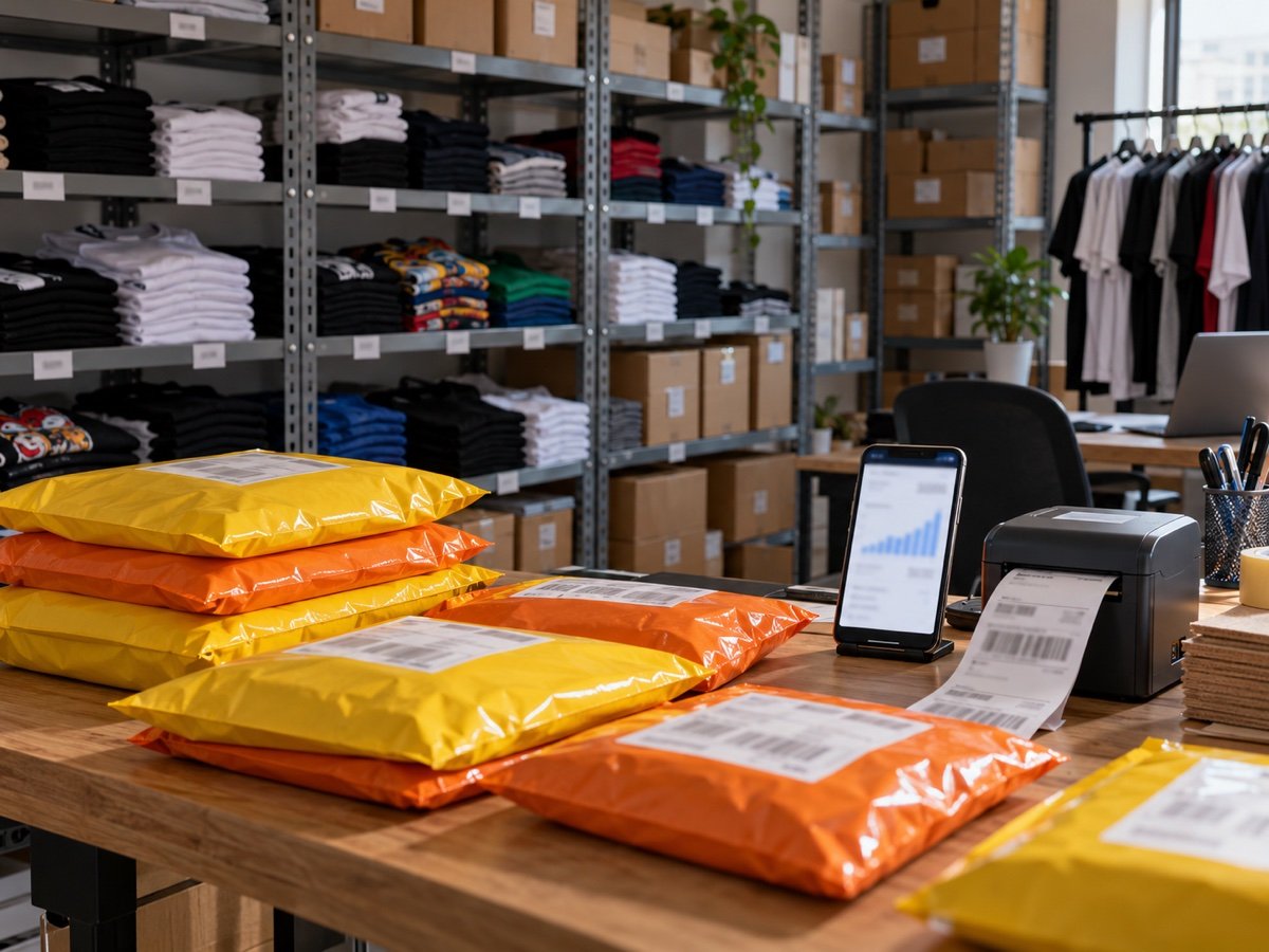 Estoque de quem vende em marketplace, com pacotes prontos para envio e camisetas separadas por tamanho