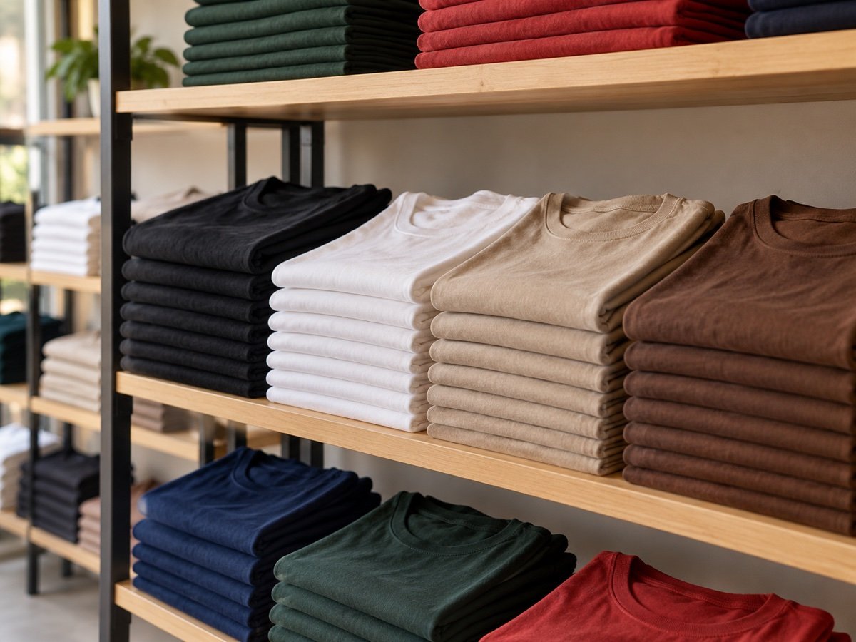 Prateleiras de uma loja com pilhas de camisetas lisas organizadas por cor